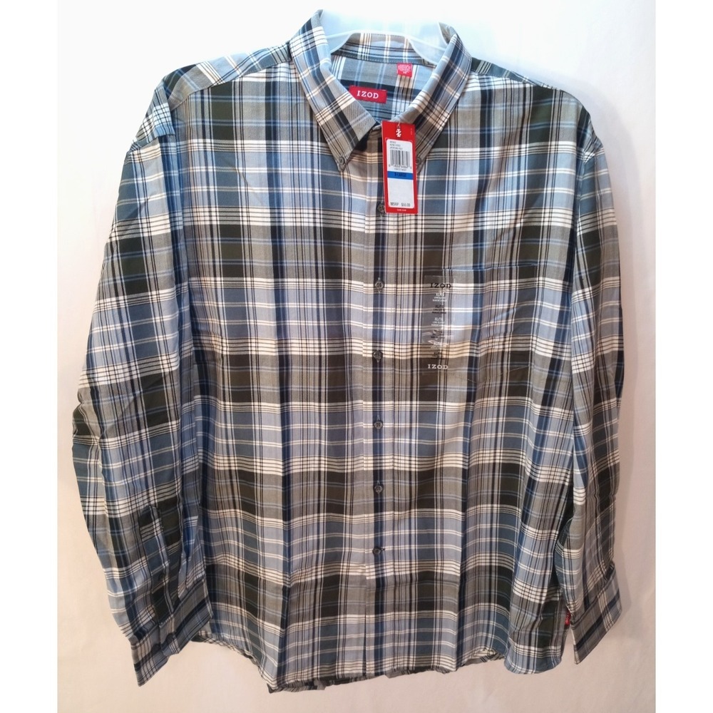 New Men's Izod Jackson Hole Long Sleeve Button Down Shirt XL, Forest Night Plaid